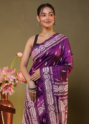 Purple Handloom Kantha Stitch Pure Silk Saree With Blouse Piece