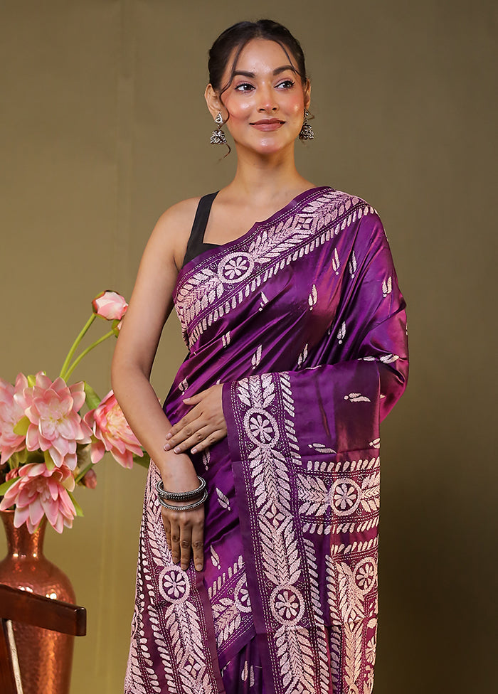 Purple Handloom Kantha Stitch Pure Silk Saree With Blouse Piece