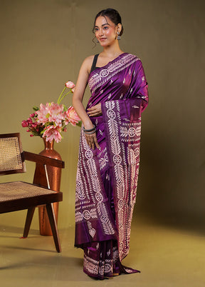 Purple Handloom Kantha Stitch Pure Silk Saree With Blouse Piece
