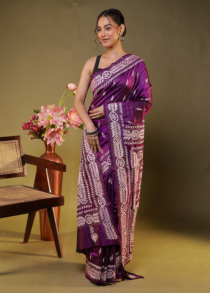 Purple Handloom Kantha Stitch Pure Silk Saree With Blouse Piece