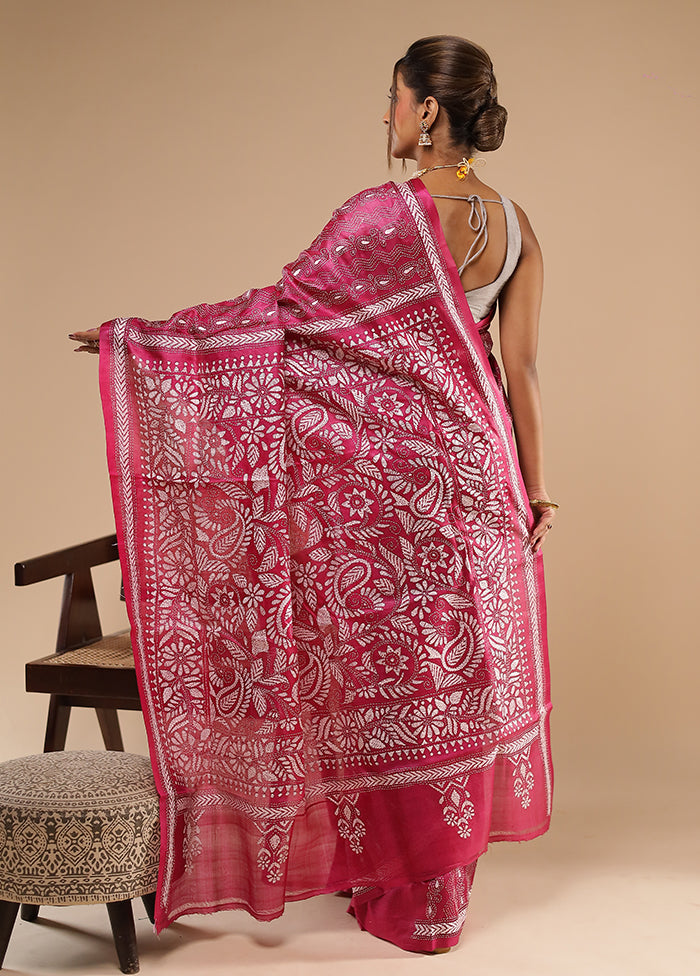 Pink Handloom Kantha Stitch Pure Silk Saree With Blouse Piece