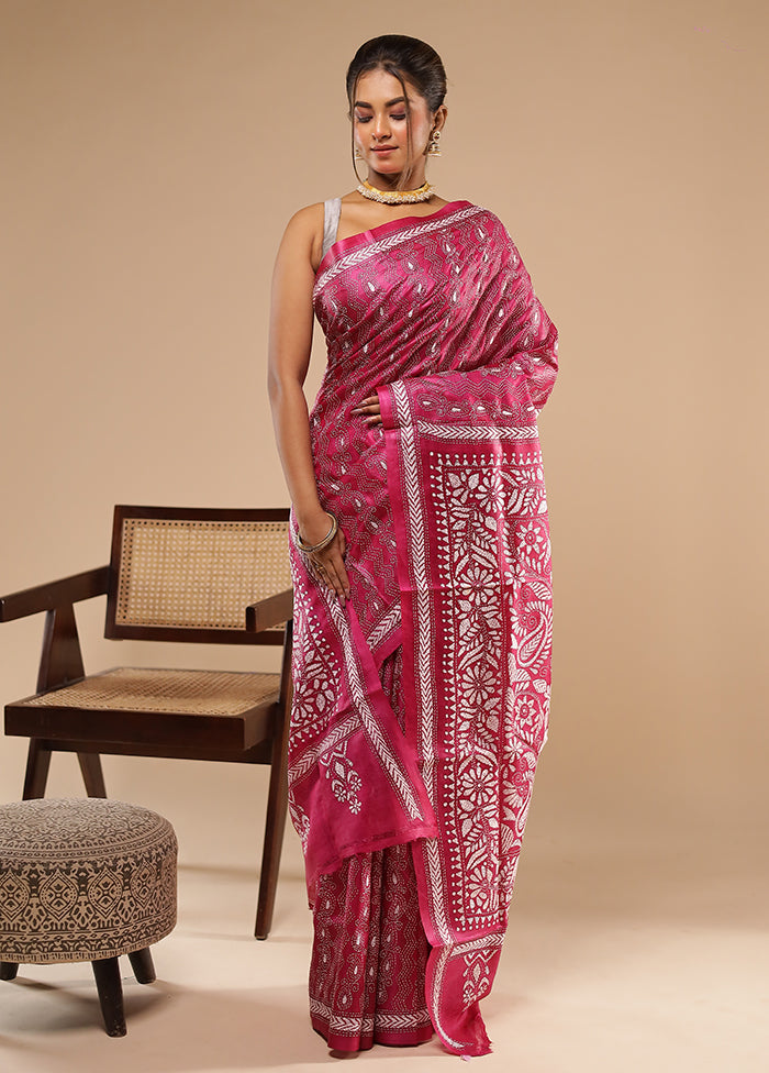 Pink Handloom Kantha Stitch Pure Silk Saree With Blouse Piece