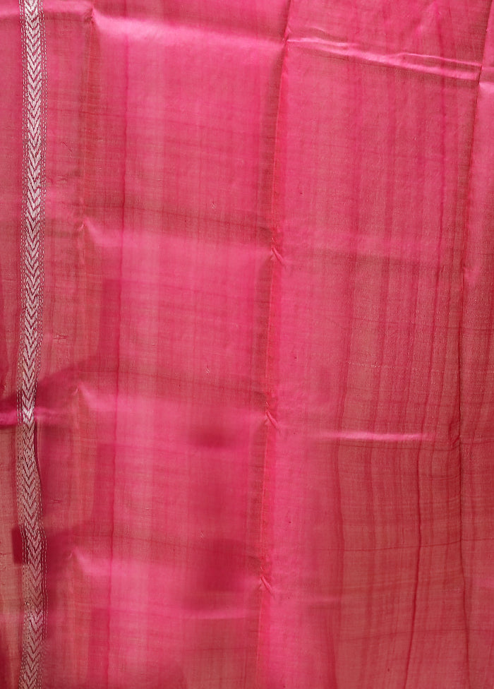 Pink Handloom Kantha Stitch Pure Silk Saree With Blouse Piece