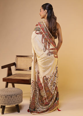 Cream Handloom Pure Georgette Saree With Blouse Piece