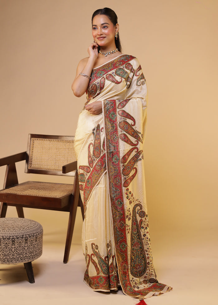 Cream Handloom Pure Georgette Saree With Blouse Piece