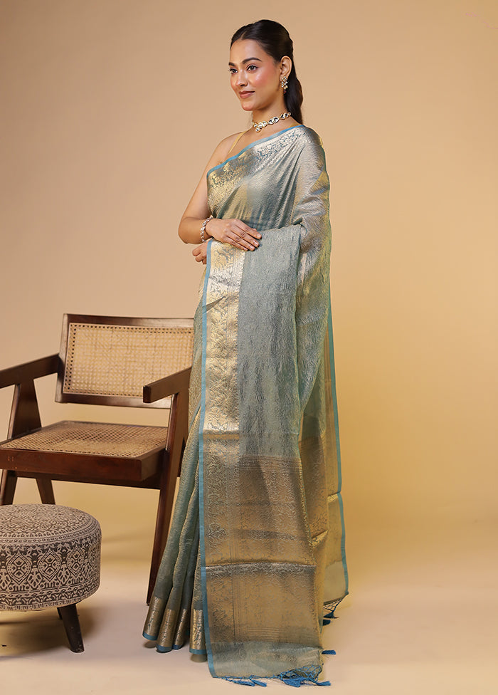 Blue Tissue Silk Saree With Blouse Piece
