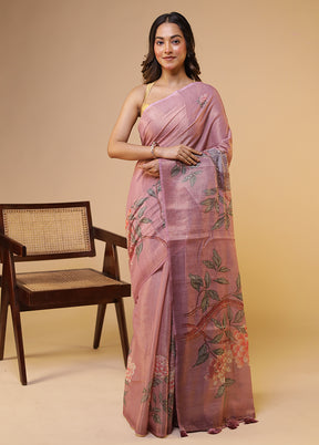 Pink Linen Silk Saree With Blouse Piece