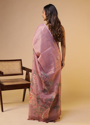 Pink Linen Silk Saree With Blouse Piece