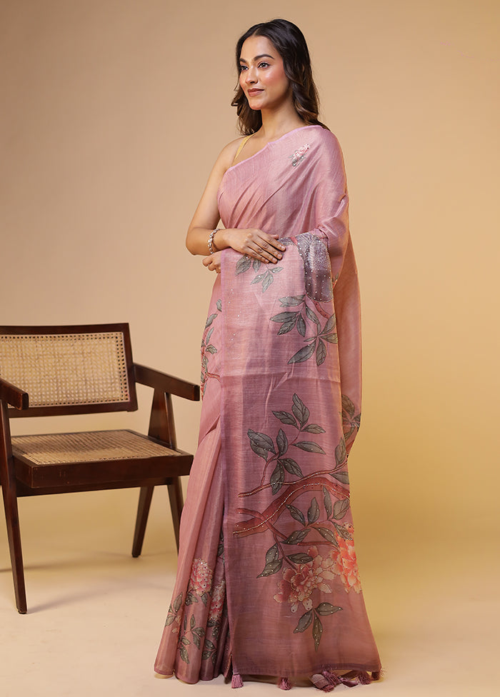 Pink Linen Silk Saree With Blouse Piece