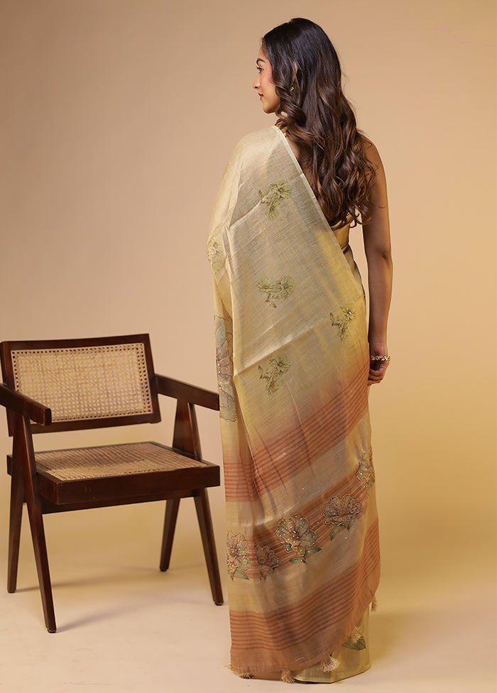 Cream Linen Silk Saree With Blouse Piece