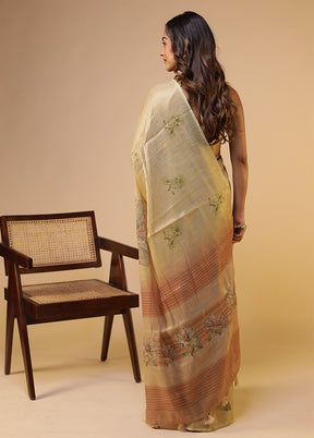 Cream Linen Silk Saree With Blouse Piece