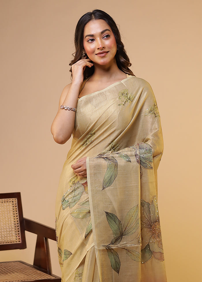 Cream Linen Silk Saree With Blouse Piece