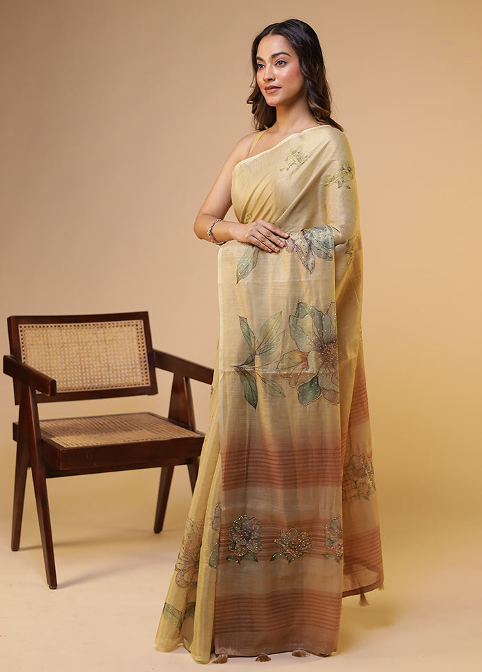 Cream Linen Silk Saree With Blouse Piece