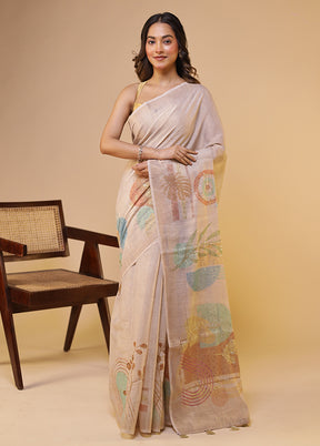 Cream Linen Silk Saree With Blouse Piece