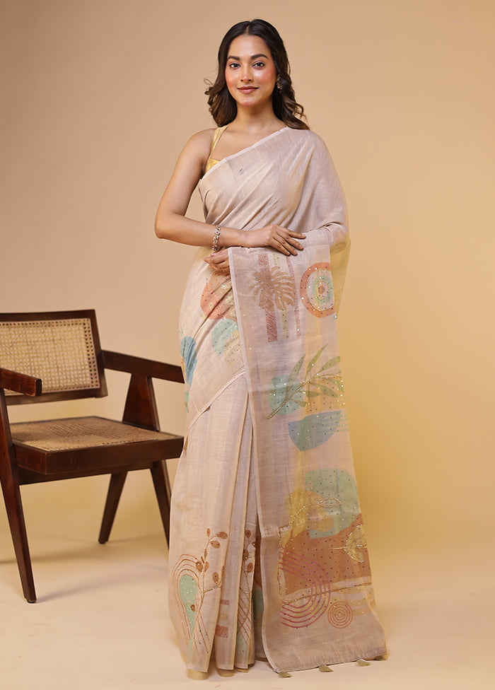 Cream Linen Silk Saree With Blouse Piece