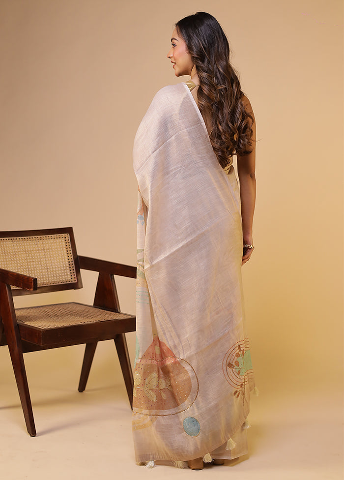 Cream Linen Silk Saree With Blouse Piece