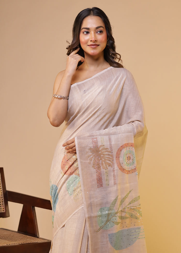 Cream Linen Silk Saree With Blouse Piece