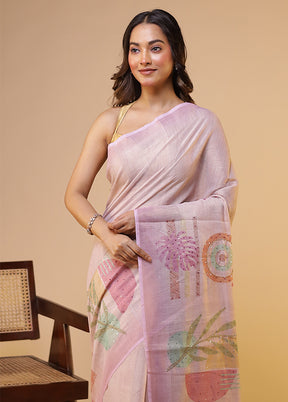 Pink Linen Silk Saree With Blouse Piece