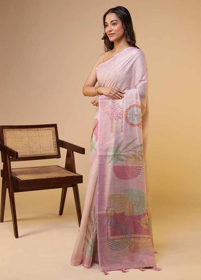Pink Linen Silk Saree With Blouse Piece