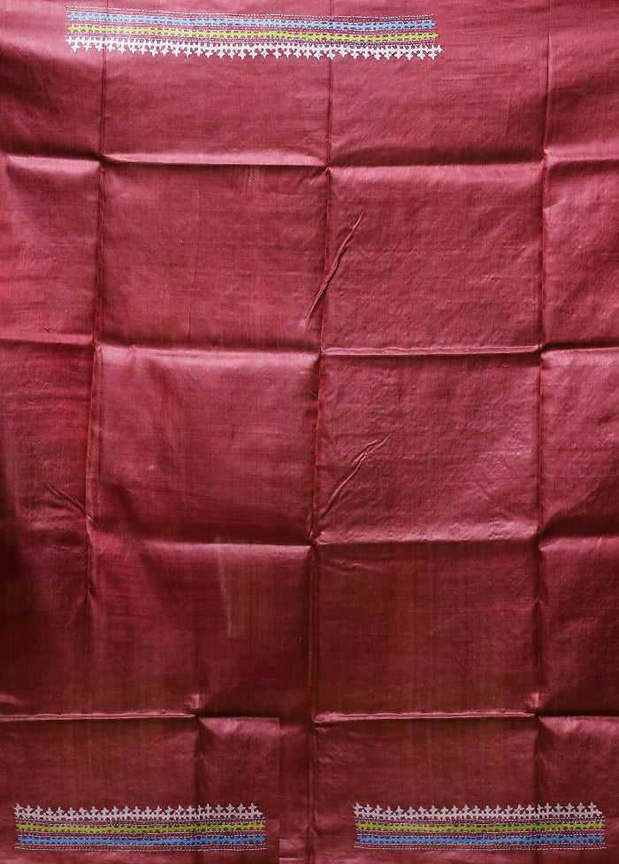 Multicolor Handloom Kantha Stitch Pure Silk Saree With Blouse Piece