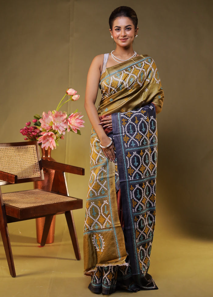 Multicolor Handloom Kantha Stitch Pure Silk Saree With Blouse Piece