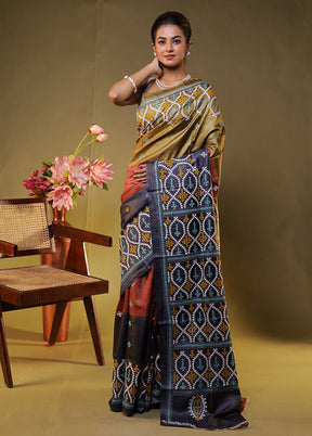 Multicolor Handloom Kantha Stitch Pure Silk Saree With Blouse Piece