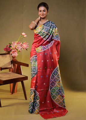Multicolor Handloom Kantha Stitch Pure Silk Saree With Blouse Piece