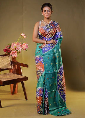 Multicolor Handloom Kantha Stitch Pure Silk Saree With Blouse Piece