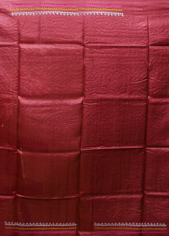 Maroon Handloom Kantha Stitch Pure Silk Saree With Blouse Piece