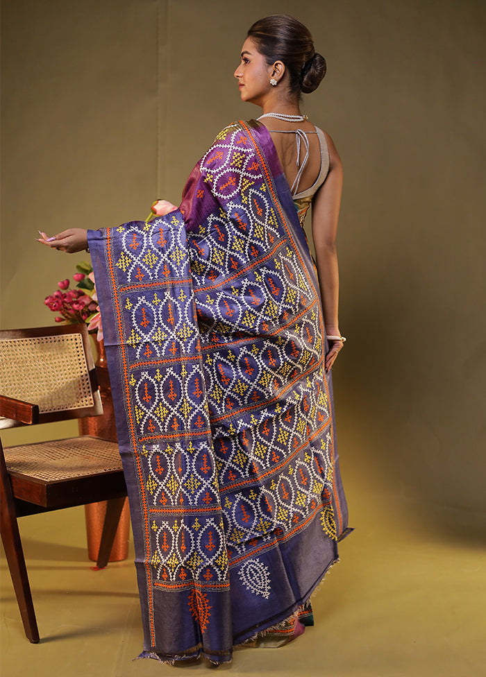 Blue Handloom Kantha Stitch Pure Silk Saree With Blouse Piece