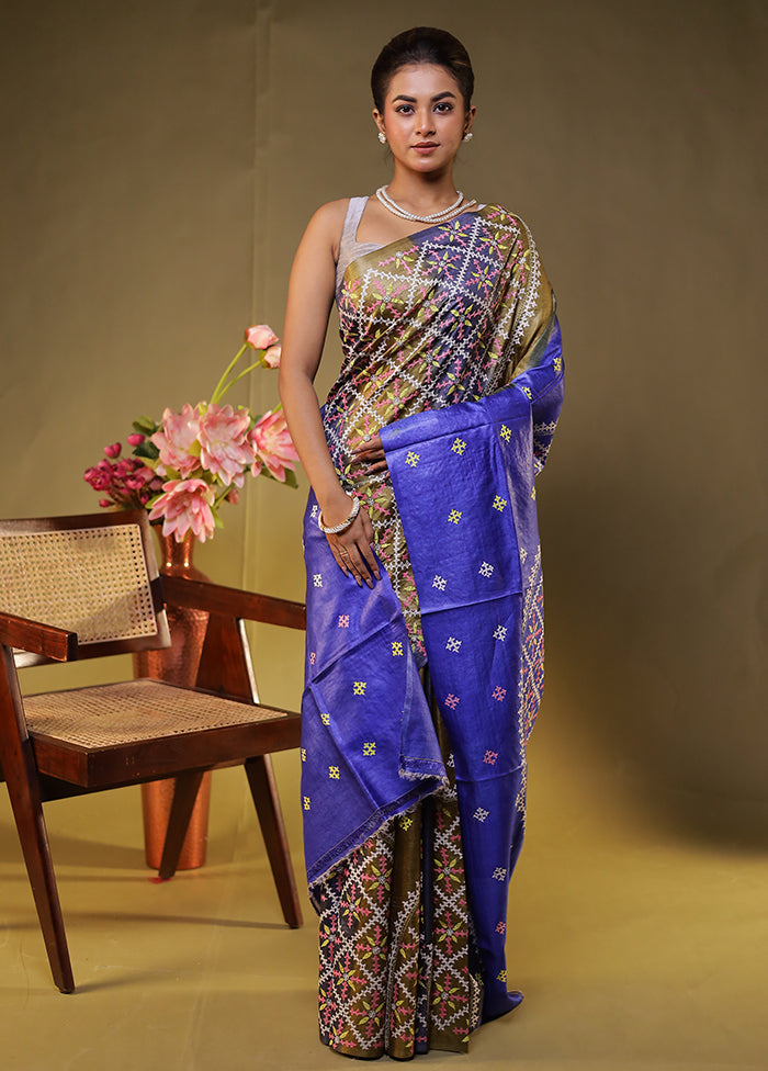 Blue Handloom Kantha Stitch Pure Silk Saree With Blouse Piece