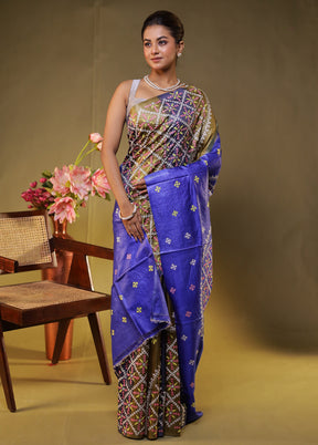 Blue Handloom Kantha Stitch Pure Silk Saree With Blouse Piece