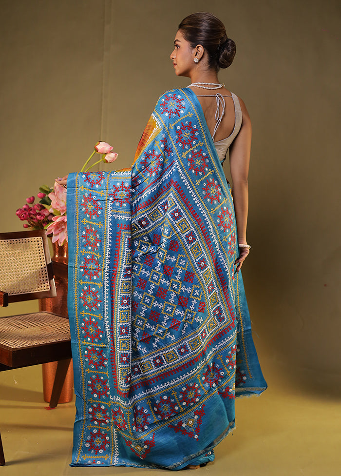 Blue Handloom Kantha Stitch Pure Silk Saree With Blouse Piece