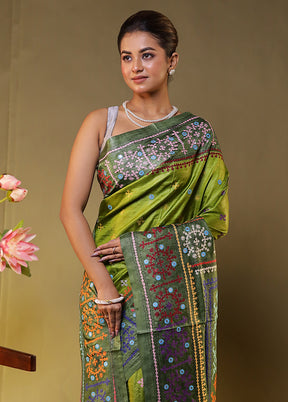 Green Handloom Kantha Stitch Pure Silk Saree With Blouse Piece