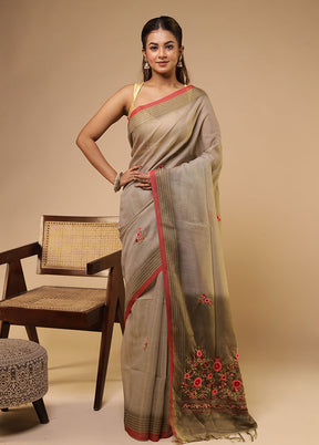 Cream Linen Silk Saree With Blouse Piece