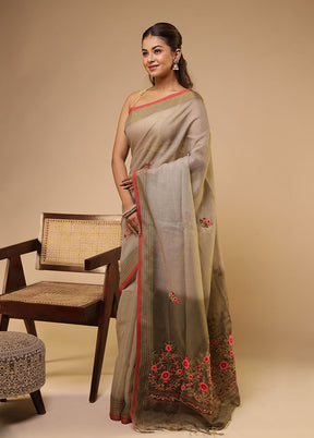 Cream Linen Silk Saree With Blouse Piece