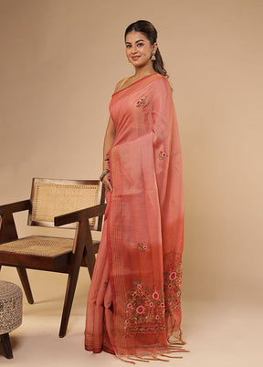 Pink Linen Silk Saree With Blouse Piece