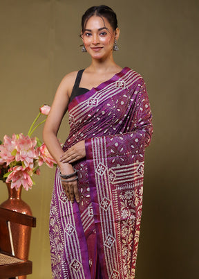 Purple Kantha Stitch Silk Saree With Blouse Piece