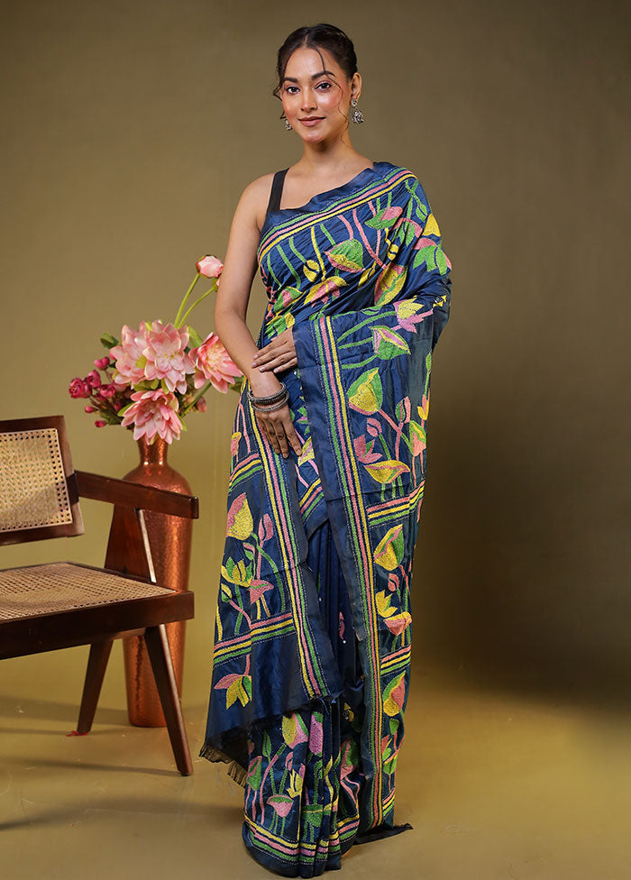 Blue Kantha Stitch Silk Saree With Blouse Piece