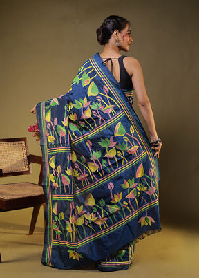 Blue Kantha Stitch Silk Saree With Blouse Piece