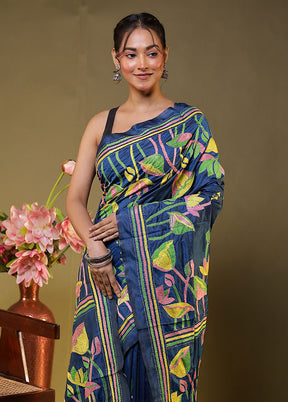 Blue Kantha Stitch Silk Saree With Blouse Piece