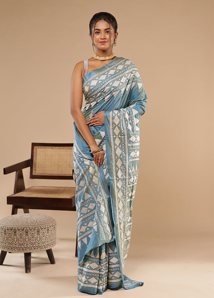 Green Kantha Stitch Silk Saree With Blouse Piece