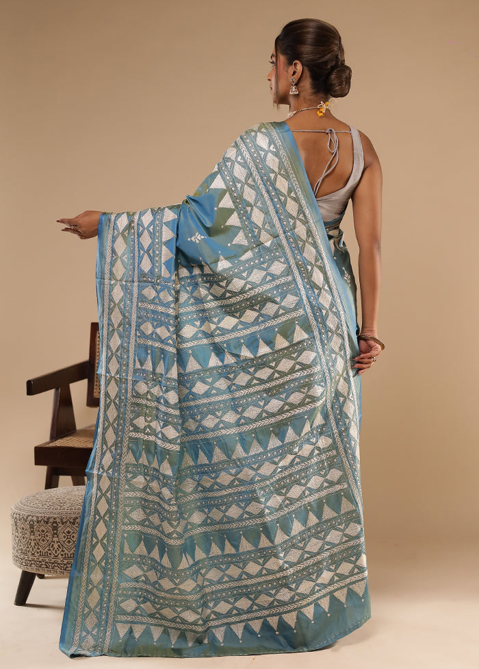 Green Kantha Stitch Silk Saree With Blouse Piece
