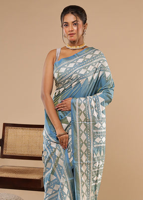 Green Kantha Stitch Silk Saree With Blouse Piece