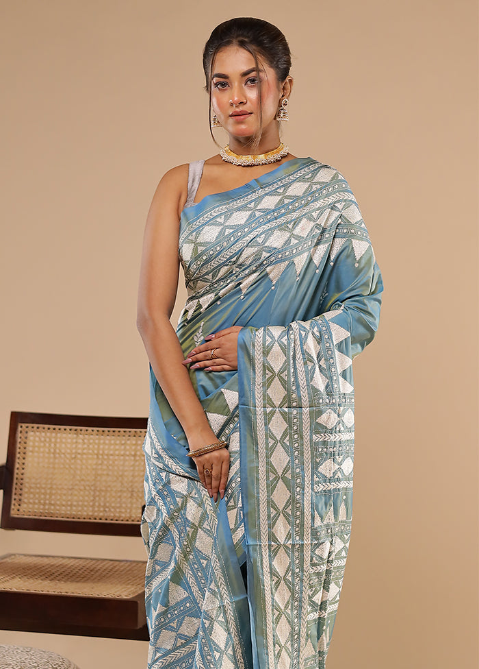 Green Kantha Stitch Silk Saree With Blouse Piece