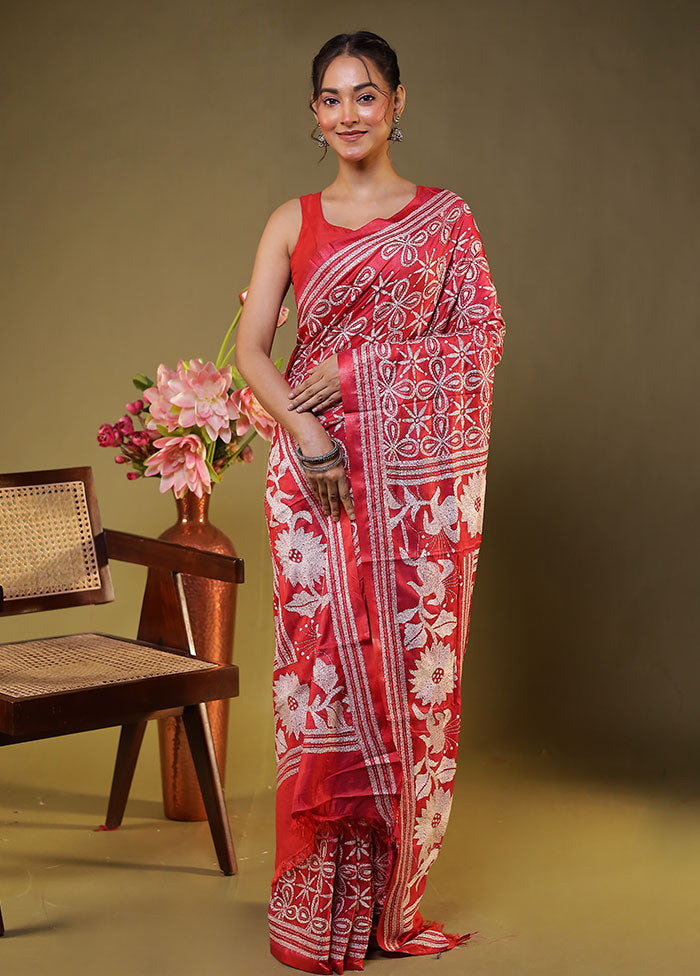 Red Kantha Stitch Silk Saree With Blouse Piece