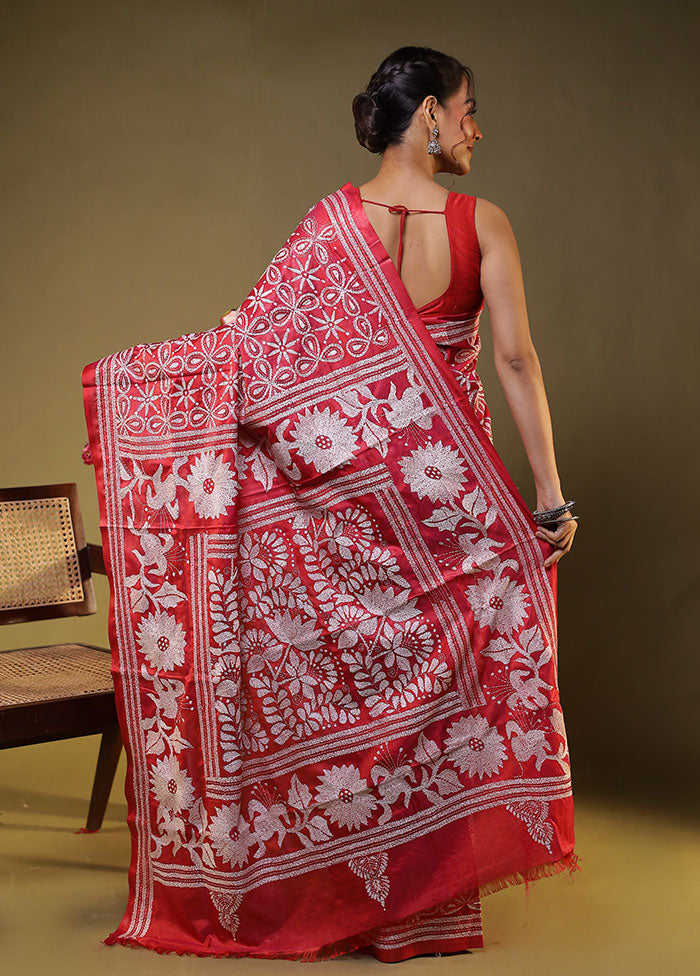 Red Kantha Stitch Silk Saree With Blouse Piece
