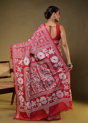 Red Kantha Stitch Silk Saree With Blouse Piece