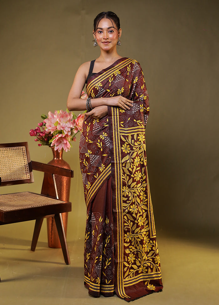 Purple Kantha Stitch Silk Saree With Blouse Piece