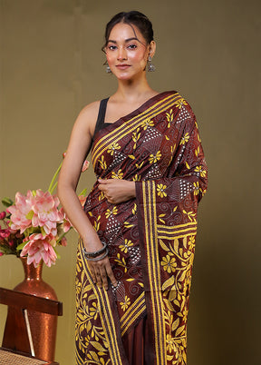 Purple Kantha Stitch Silk Saree With Blouse Piece